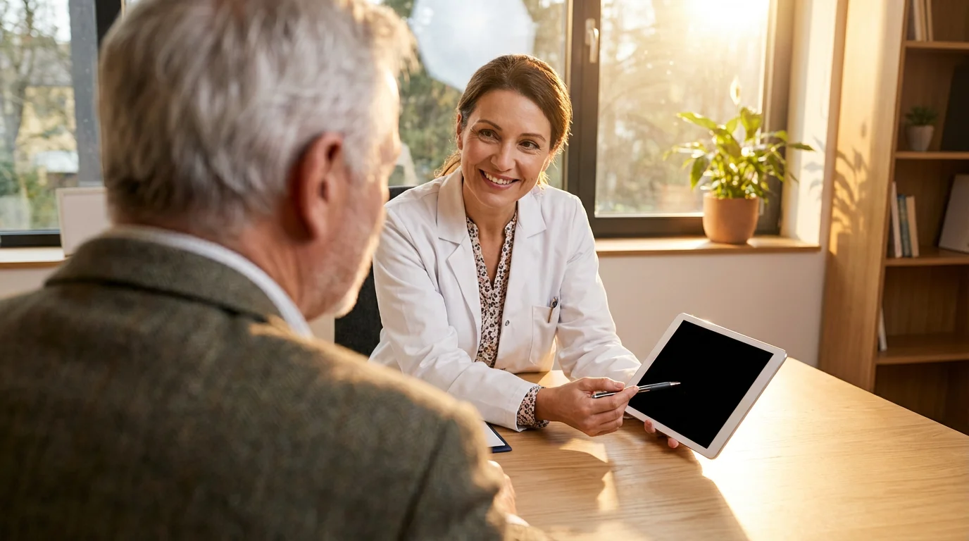 Over-the-shoulder view of a senior man in a consultation with a female doctor.