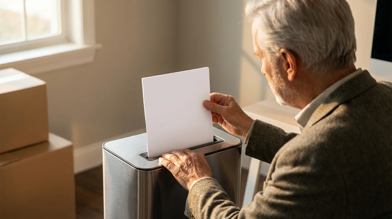Over-the-shoulder view of a senior man shredding documents in his home office at sunset.