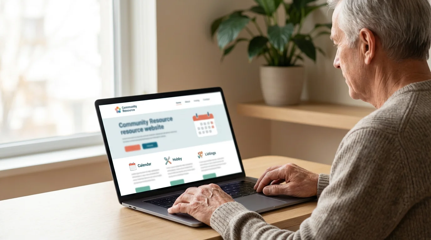 Over-the-shoulder view of a senior man using a laptop to research community hobbies.