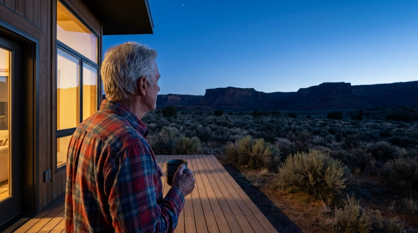Over-the-shoulder view of a senior man watching the first stars appear from his porch.