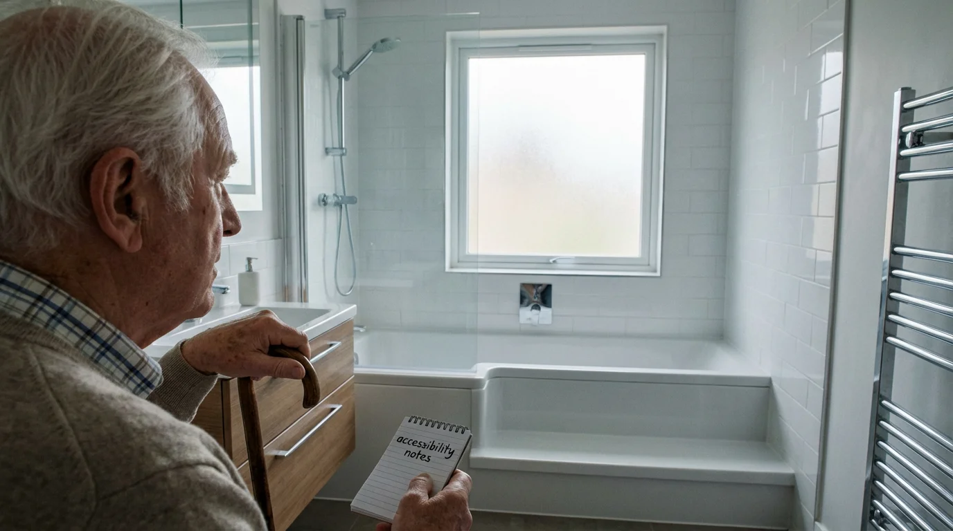 Over-the-shoulder view of a senior person assessing a standard bathtub for home accessibility.