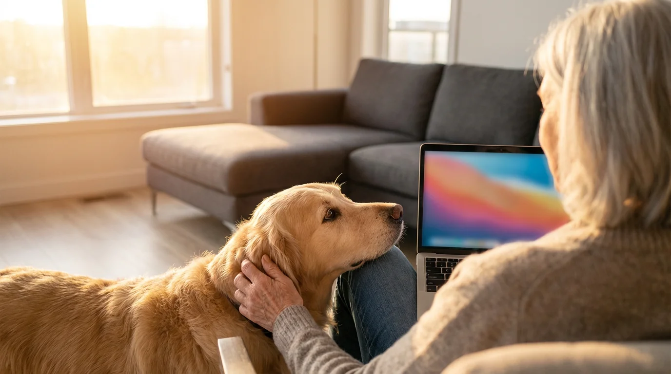 Over-the-shoulder view of a senior with a laptop and a large Golden Retriever.