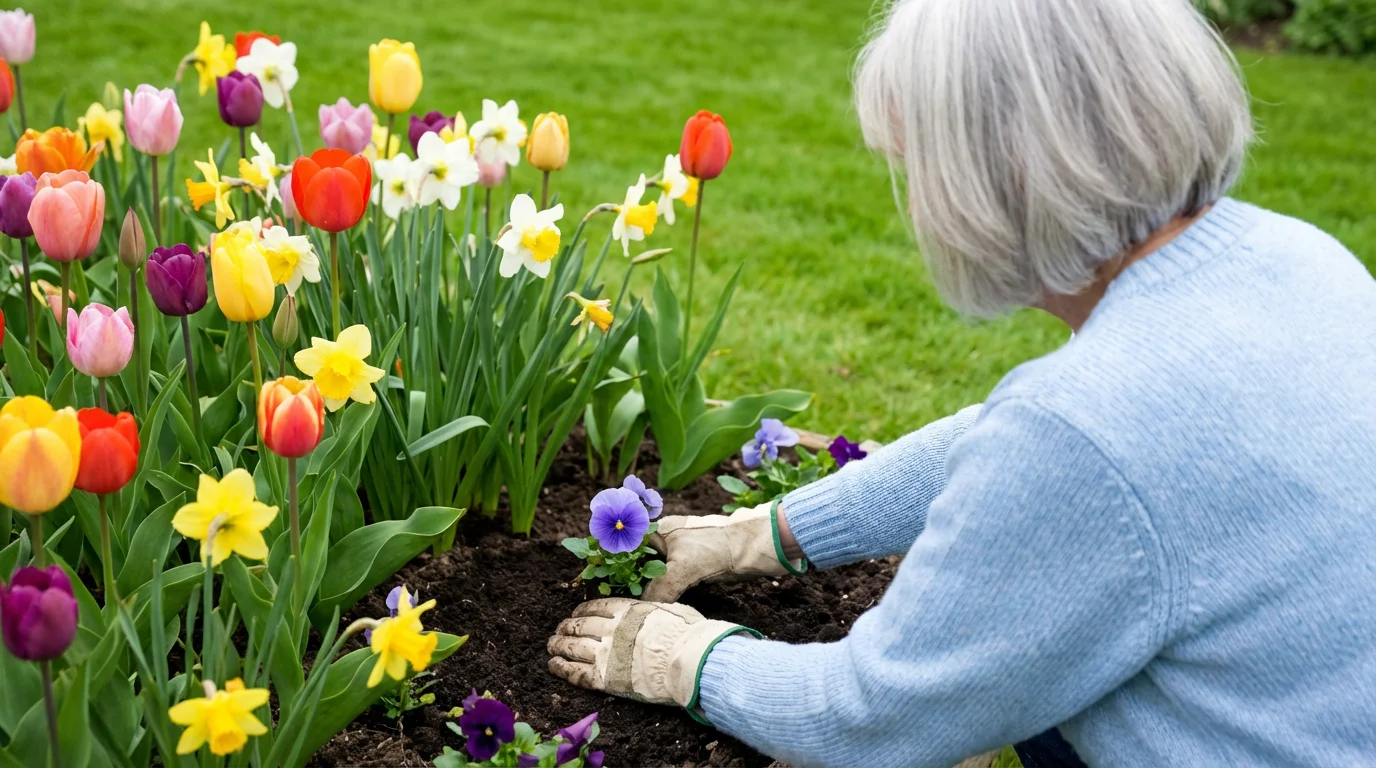 Over-the-shoulder view of a senior woman gardening in a vibrant spring flower bed.