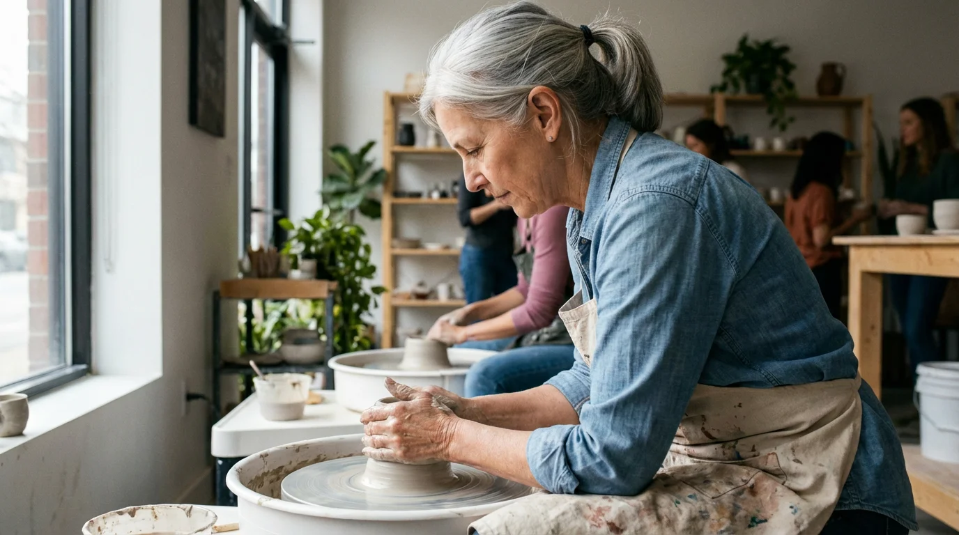 Over-the-shoulder view of a senior woman doing pottery in a sunlit art studio.