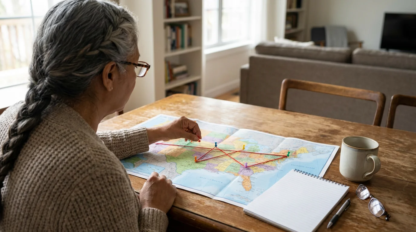 Over-the-shoulder view of a senior woman placing pins on a map of the USA.
