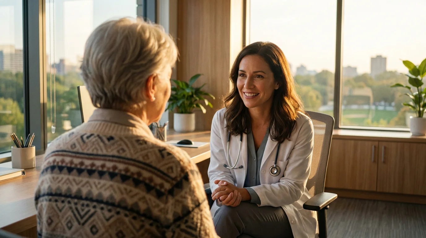 Over-the-shoulder view of a senior woman consulting with a friendly doctor in a sunlit office.