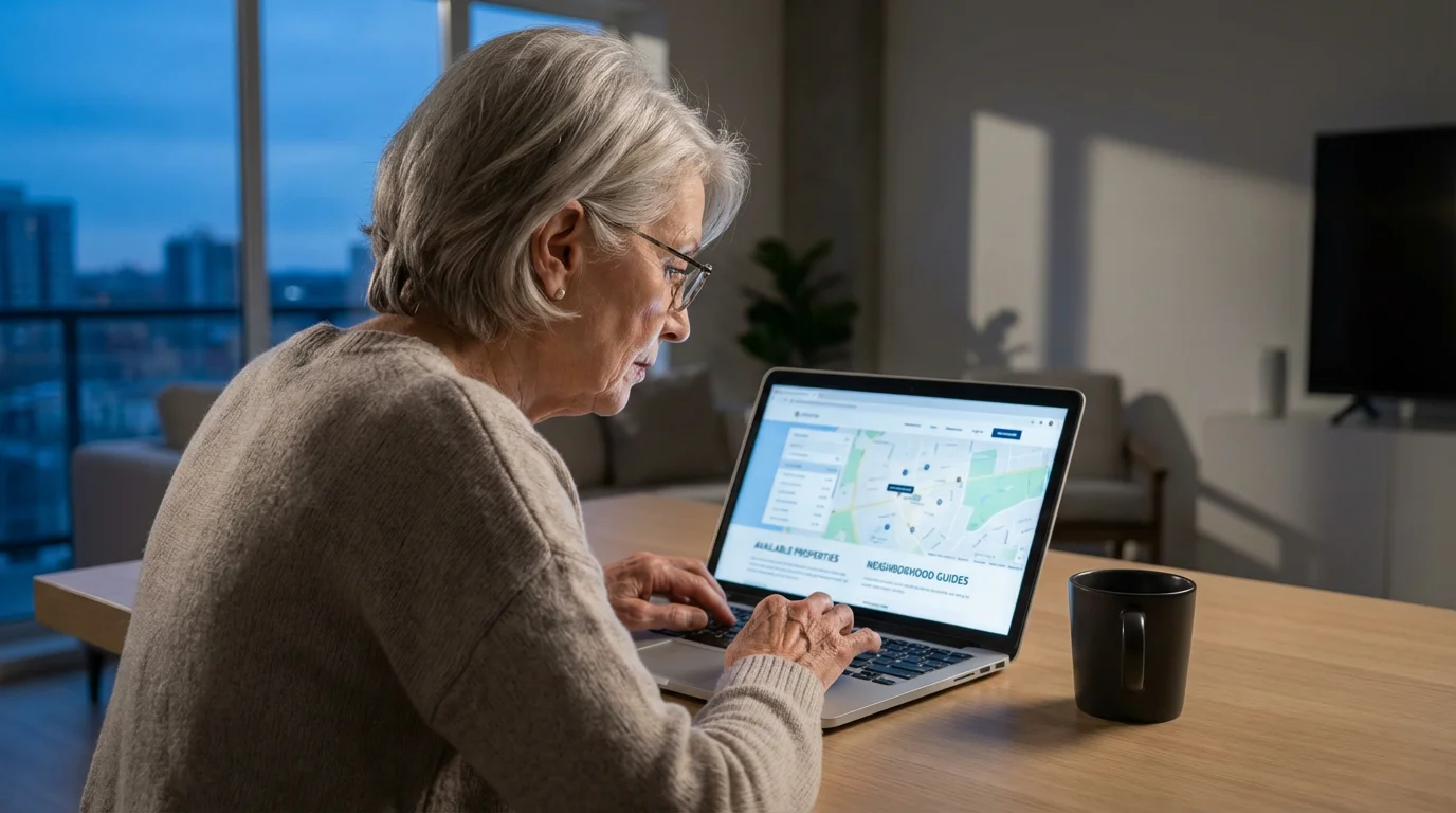 Over-the-shoulder view of a senior woman researching alternative housing options on her laptop at dusk.
