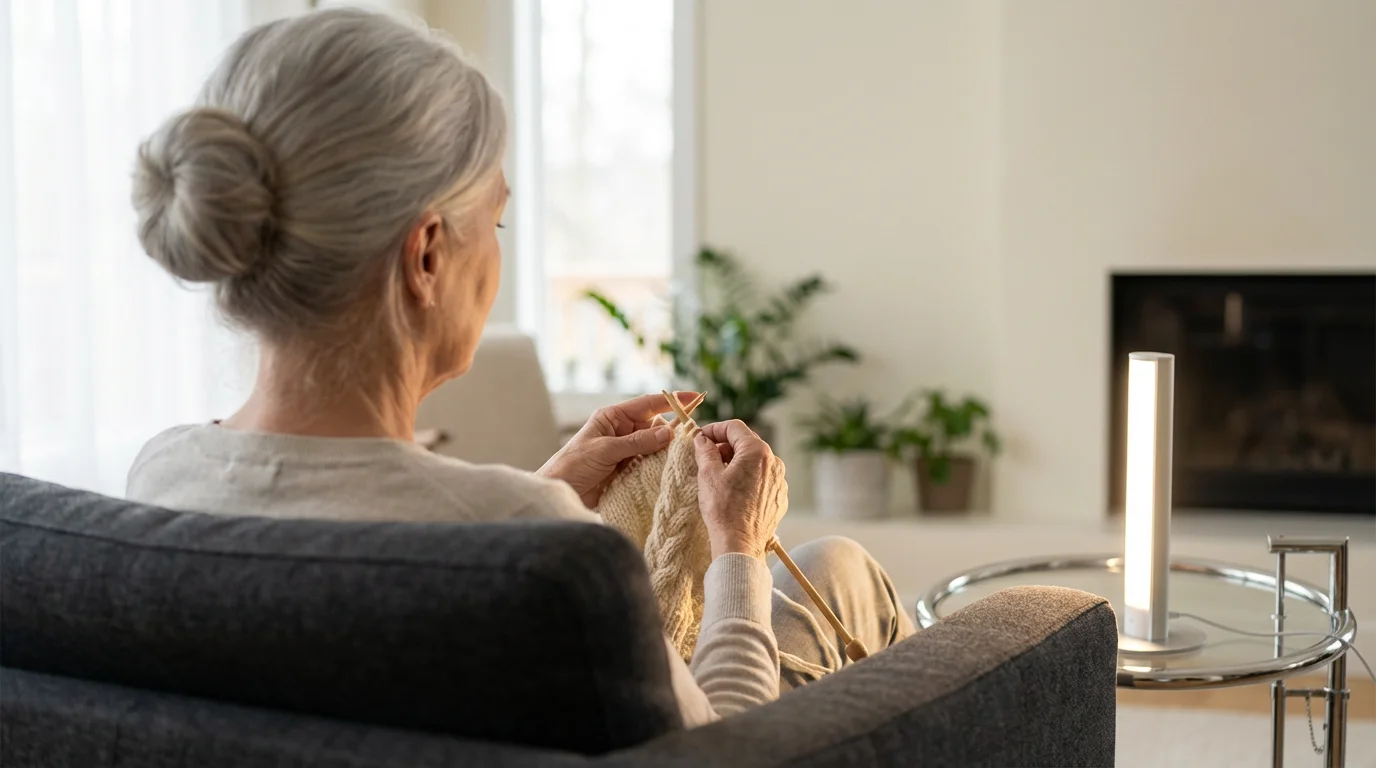 Over-the-shoulder view of a senior woman knitting beside a bright light therapy lamp.