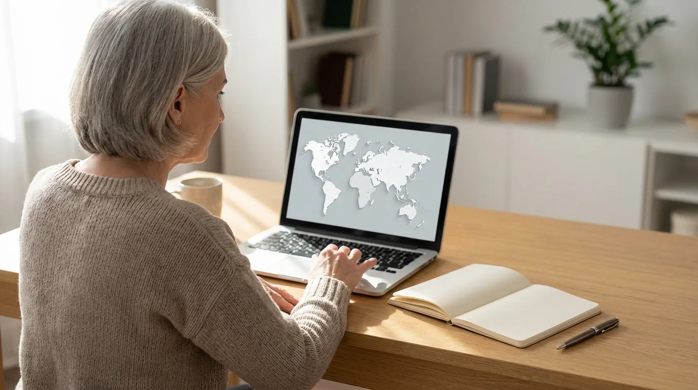 Over-the-shoulder view of a woman at a desk planning an international move on a laptop.
