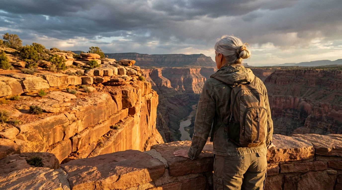 Over-the-shoulder view of a woman looking out over a vast, sunlit Arizona canyon.