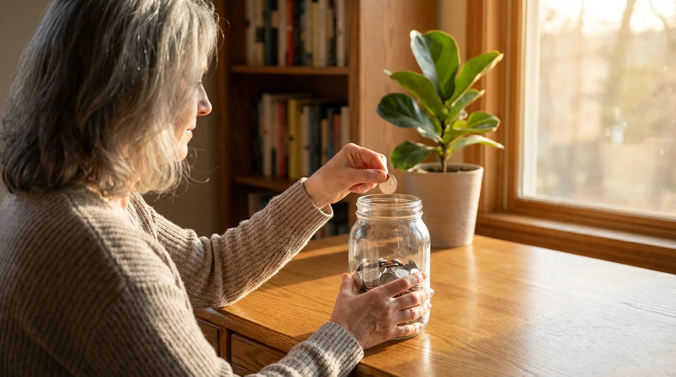 Over-the-shoulder view of a woman placing a coin into a glass savings jar at sunset.
