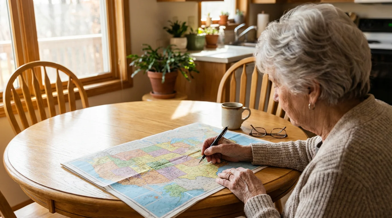 Over-the-shoulder view of a woman planning her retirement move with a map of America.