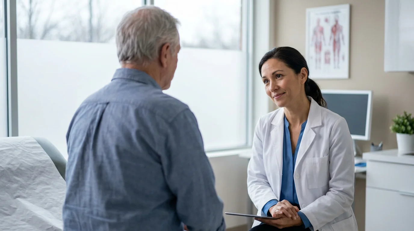Over-the-shoulder view of an elderly man consulting with a kind, professional female doctor.
