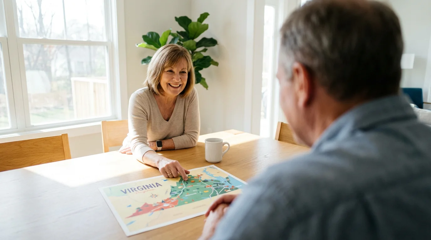 Over-the-shoulder view of an older couple planning their Virginia retirement with a map.