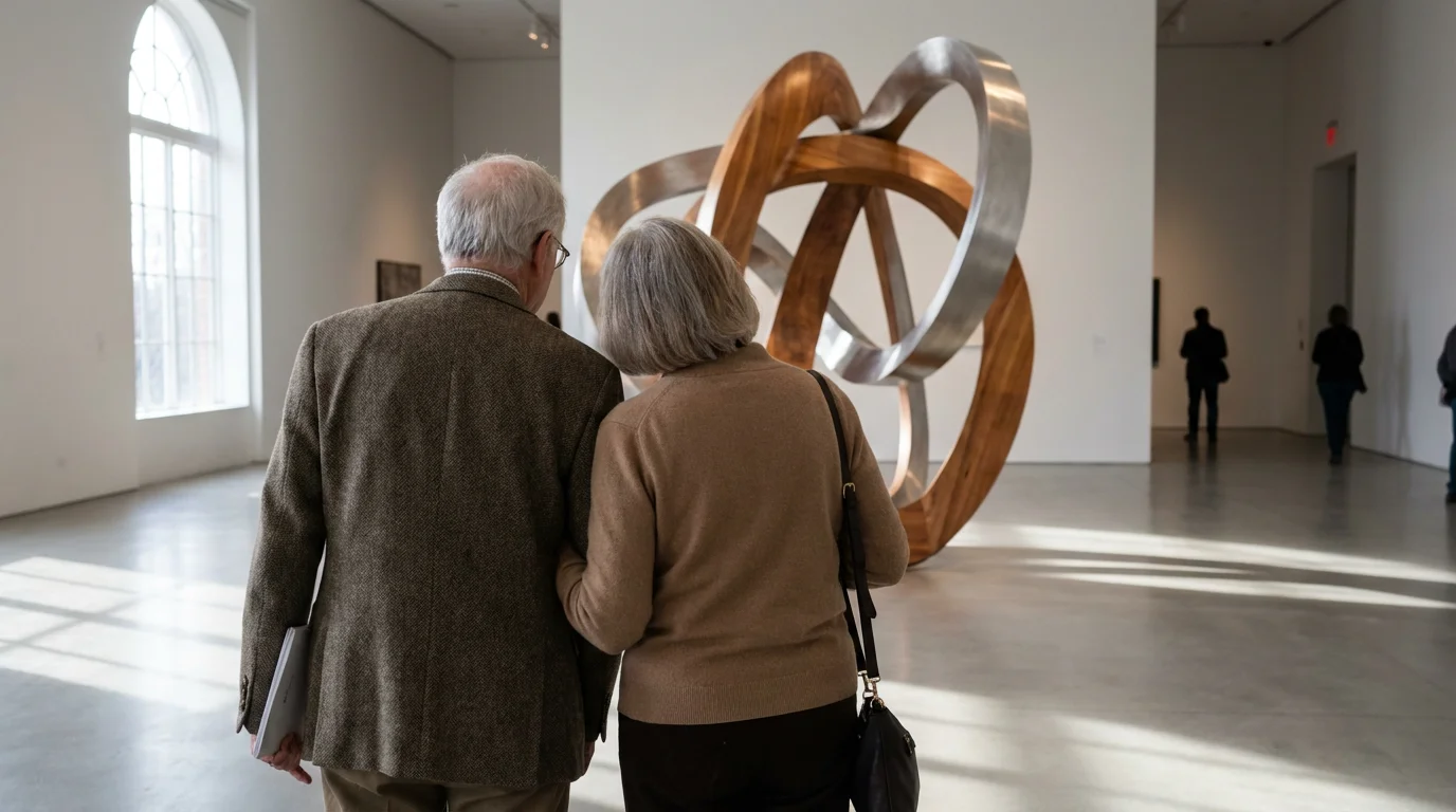 Over-the-shoulder view of an older couple admiring a modern sculpture in a bright art museum.