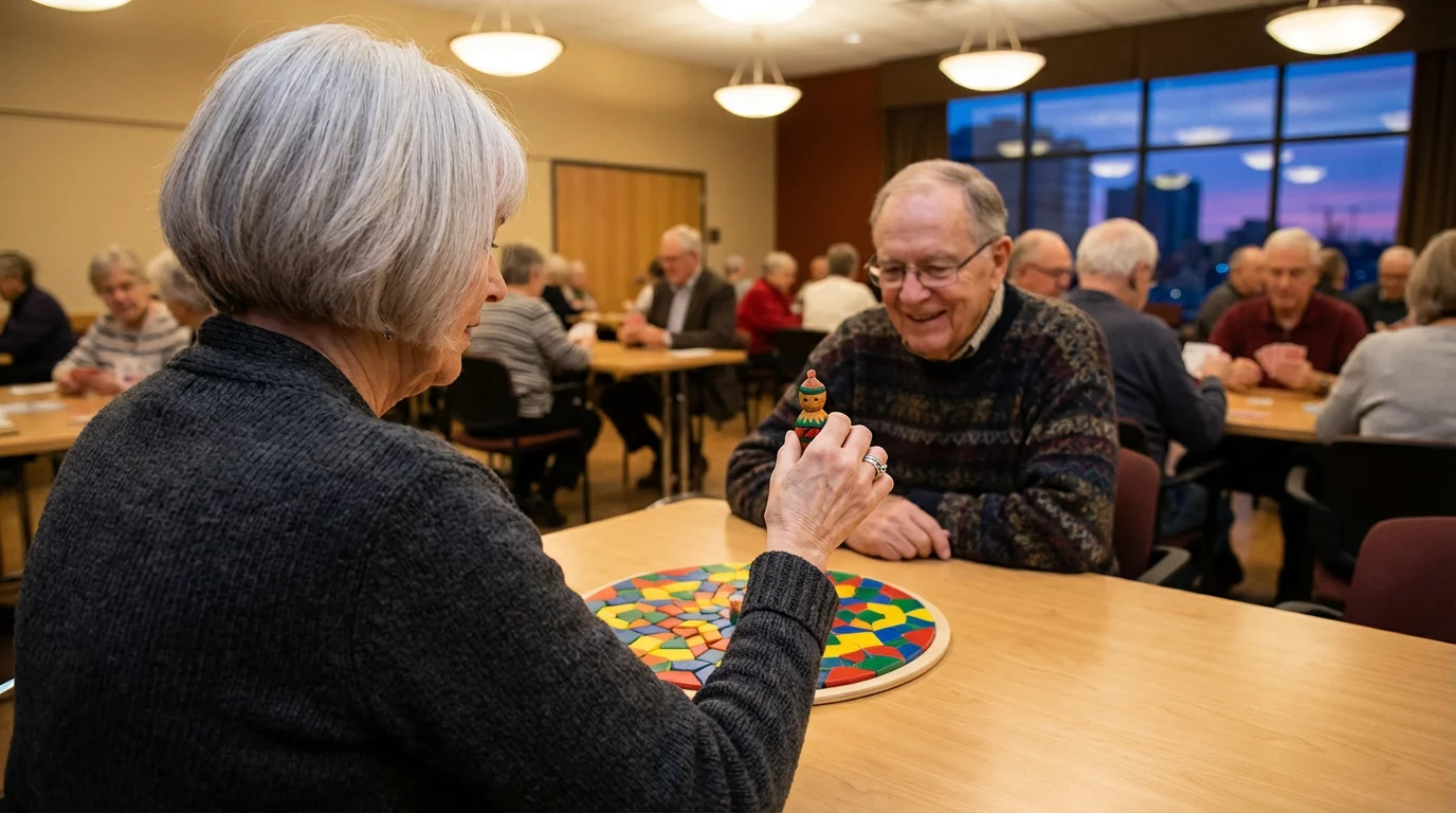 Over-the-shoulder view of seniors playing a board game in a community center at dusk.