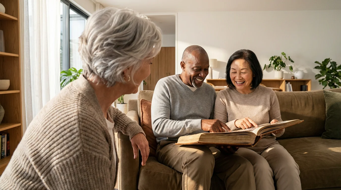 Over-the-shoulder view of three diverse seniors smiling while looking at a photo album.