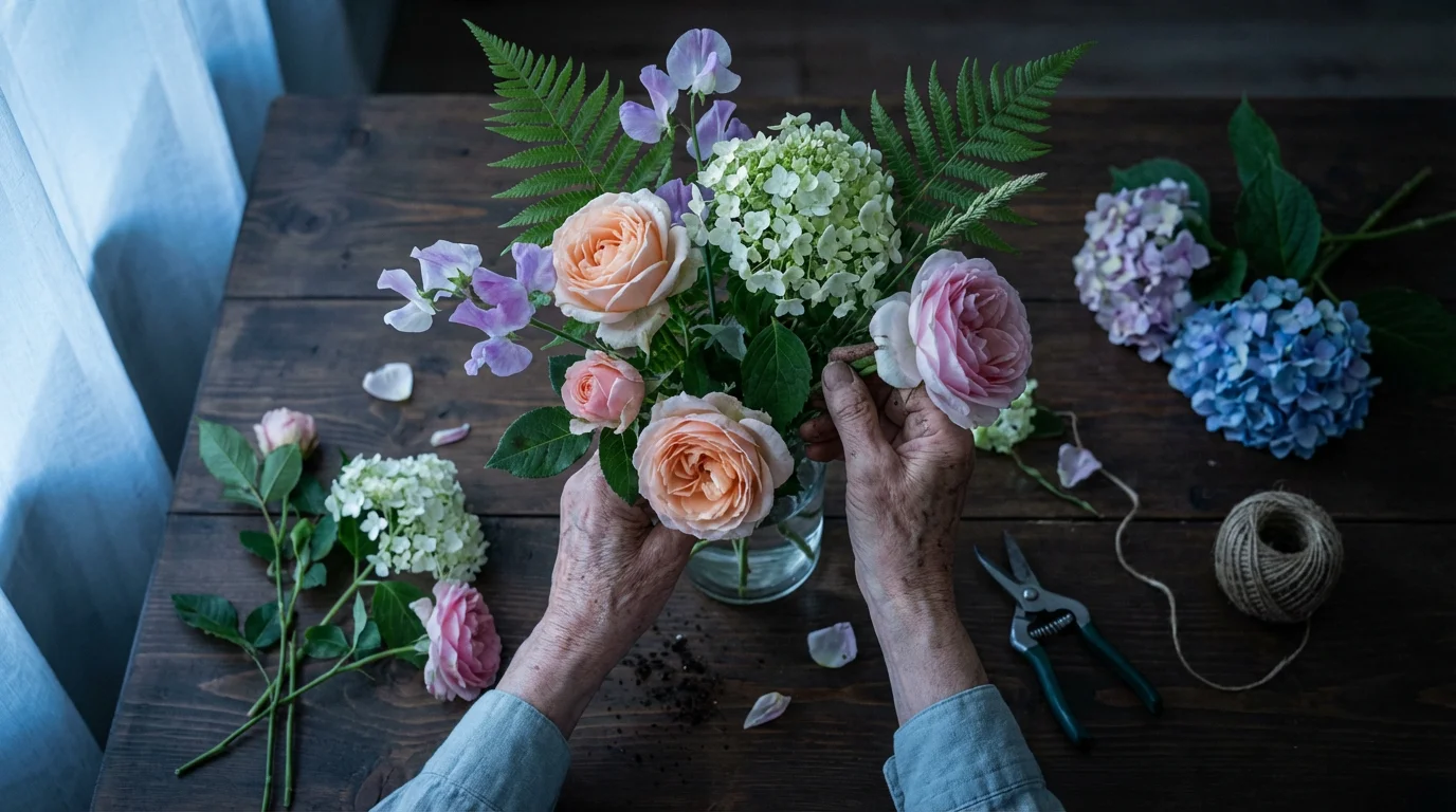Overhead view of senior hands arranging flowers in a vase on a table at dusk.