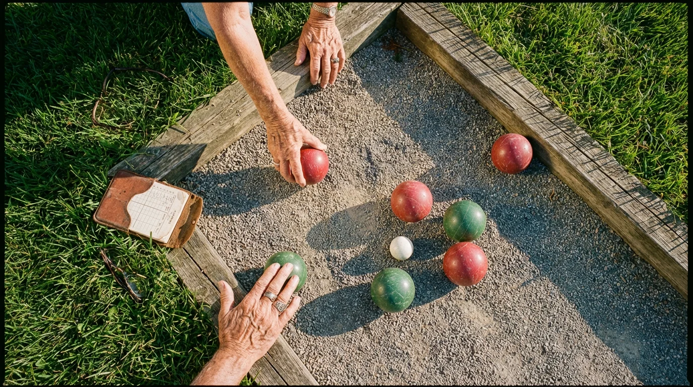 Overhead view of seniors' hands playing bocce ball on a gravel court in afternoon.