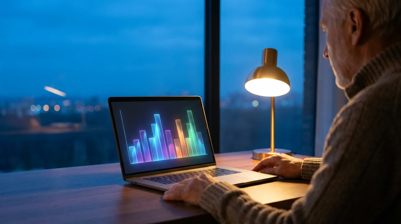 Person at a desk during blue hour, viewing cost of living charts on a laptop.