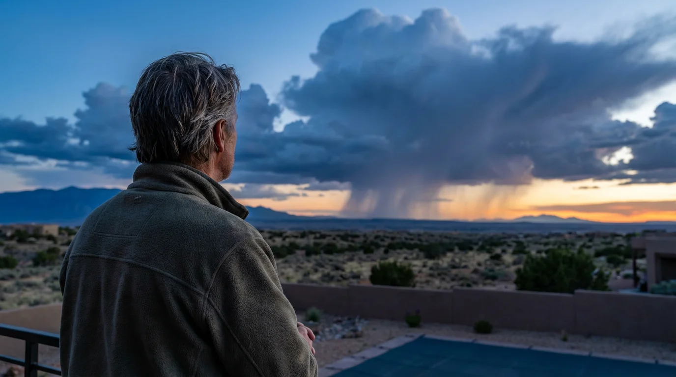 Person on a balcony watching dramatic clouds gather over a New Mexico desert at dusk.
