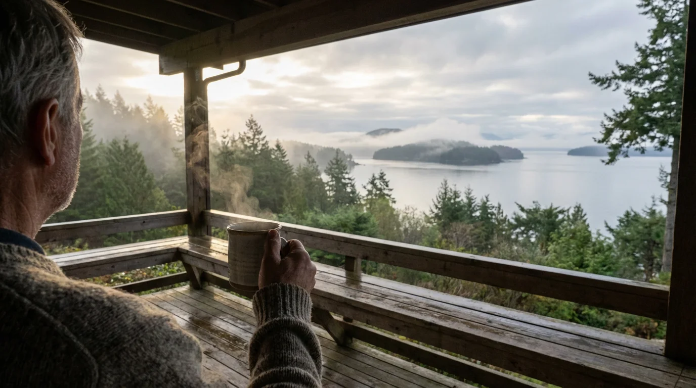 Person on a balcony with a coffee mug overlooking a misty Washington sound.