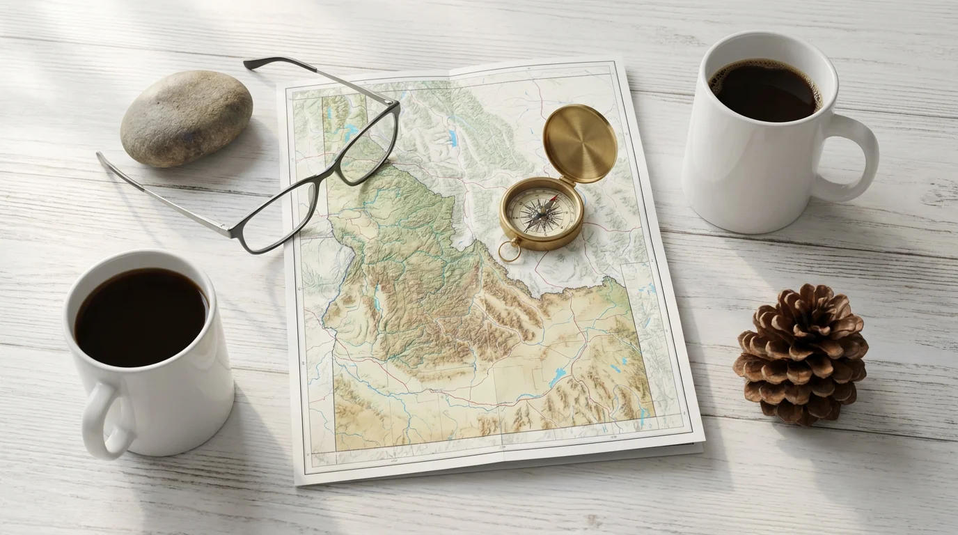 Planning a retirement move to Idaho with a map, compass, and coffee.
