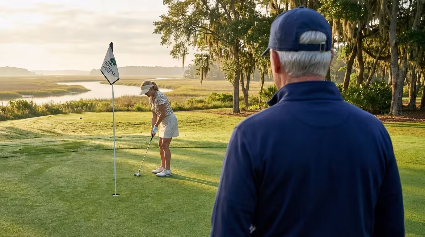 Retired couple enjoying a morning of golf on a scenic Hilton Head Island course.