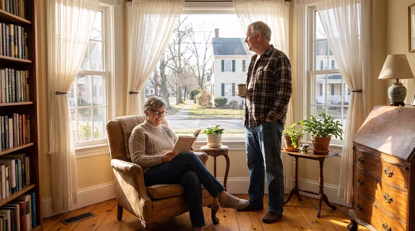Retired couple enjoying a quiet morning reading by a window in their historic Lewes home.