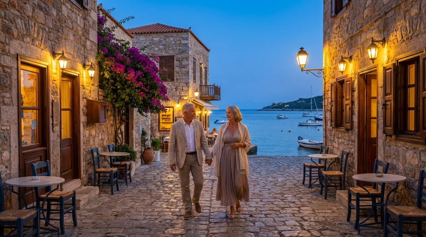 Retired couple enjoying an evening walk through a picturesque Mediterranean coastal village at dusk.