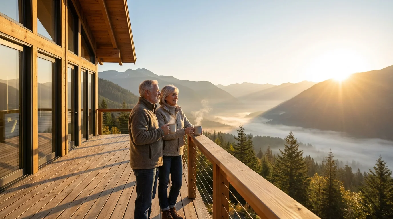 Retired couple enjoying coffee on a mountain-view deck during a beautiful, misty sunrise.