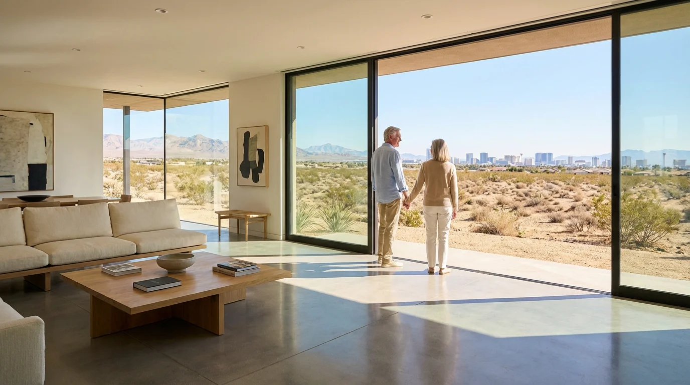 Retired couple enjoying the desert view from their modern luxury home in Henderson, Nevada.