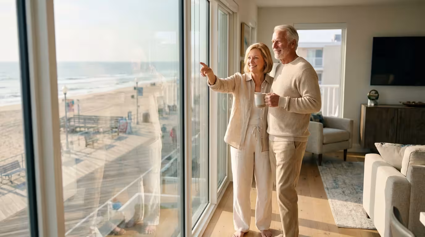 Retired couple enjoying the morning view of the Ocean City boardwalk from their condo.