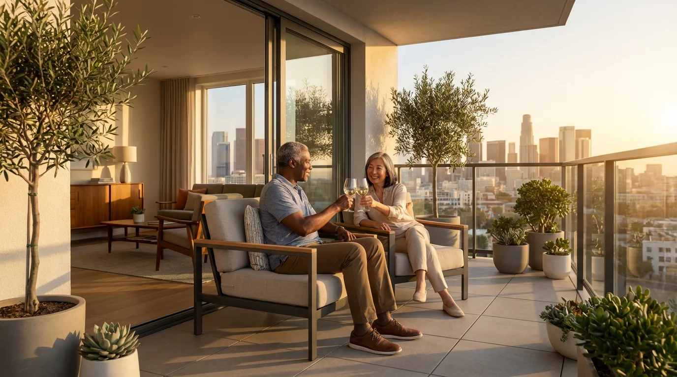 Retired couple enjoying the sunset and wine on their modern apartment balcony after downsizing.