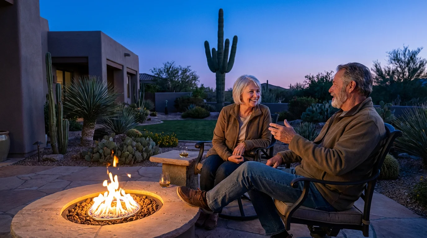 Retired couple enjoys a cool evening on their modern Arizona patio at dusk.