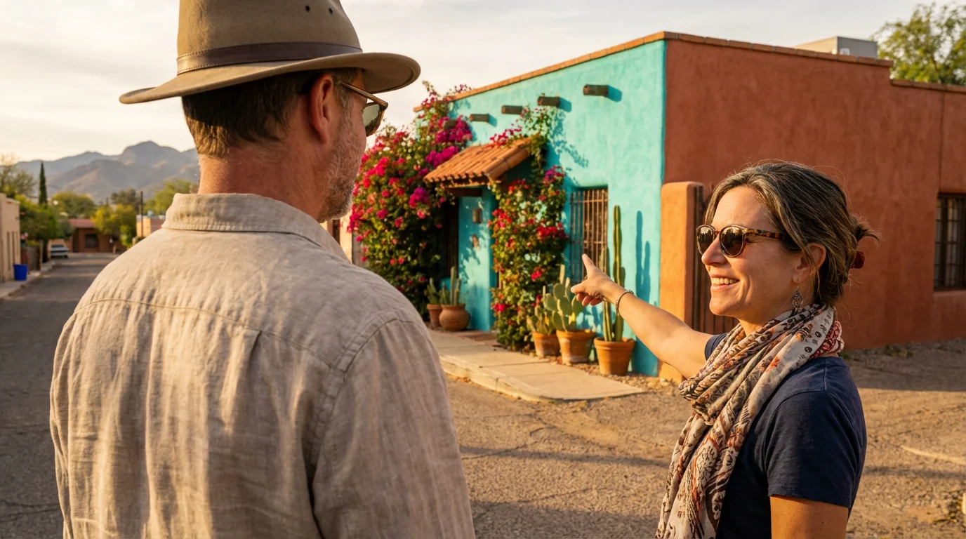 Retired couple exploring a colorful historic adobe neighborhood in Tucson, Arizona at sunset.