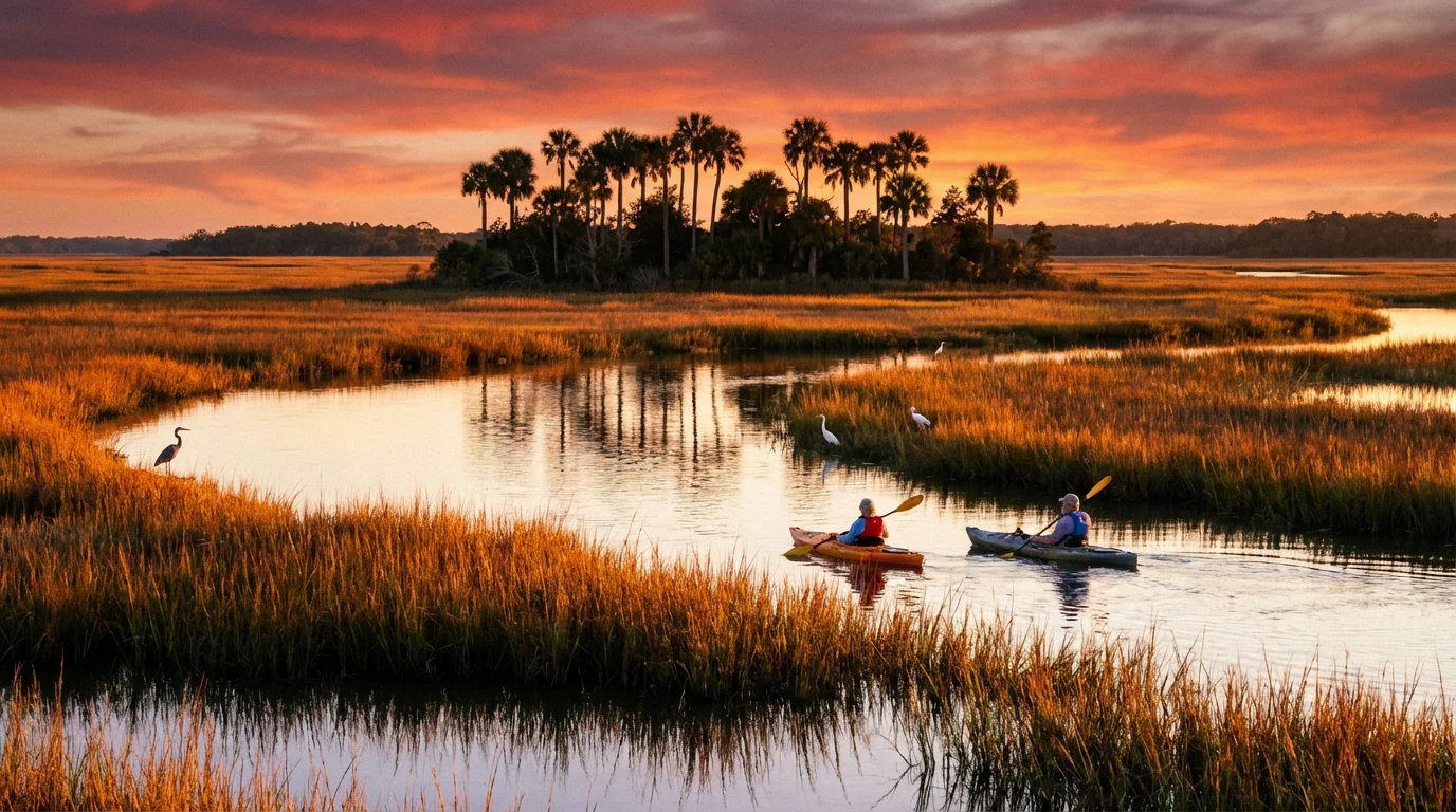 Retired couple kayaking through a scenic South Carolina salt marsh at golden hour.