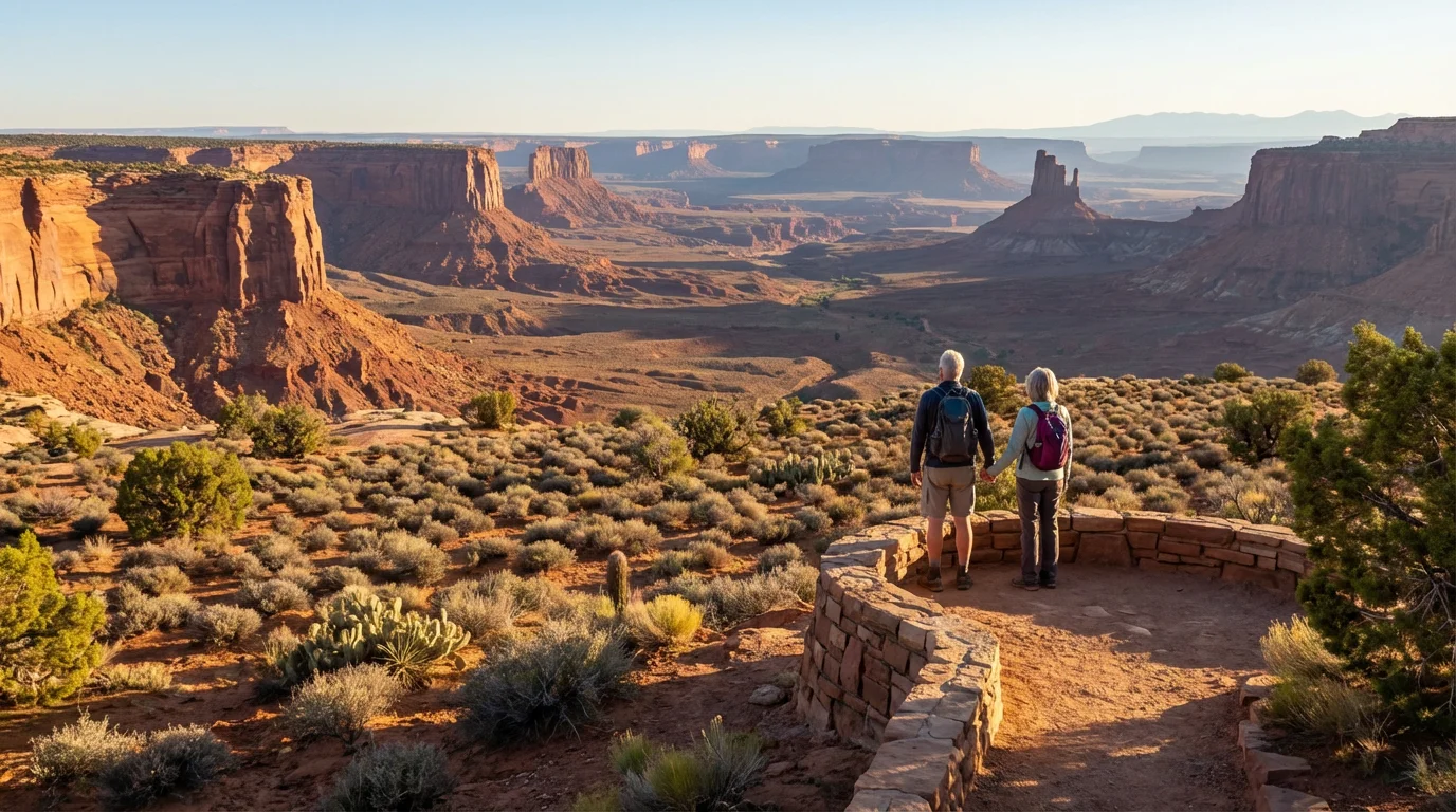 Retired couple on a hiking trail overlooking a vast, sunlit Southwestern desert canyon.