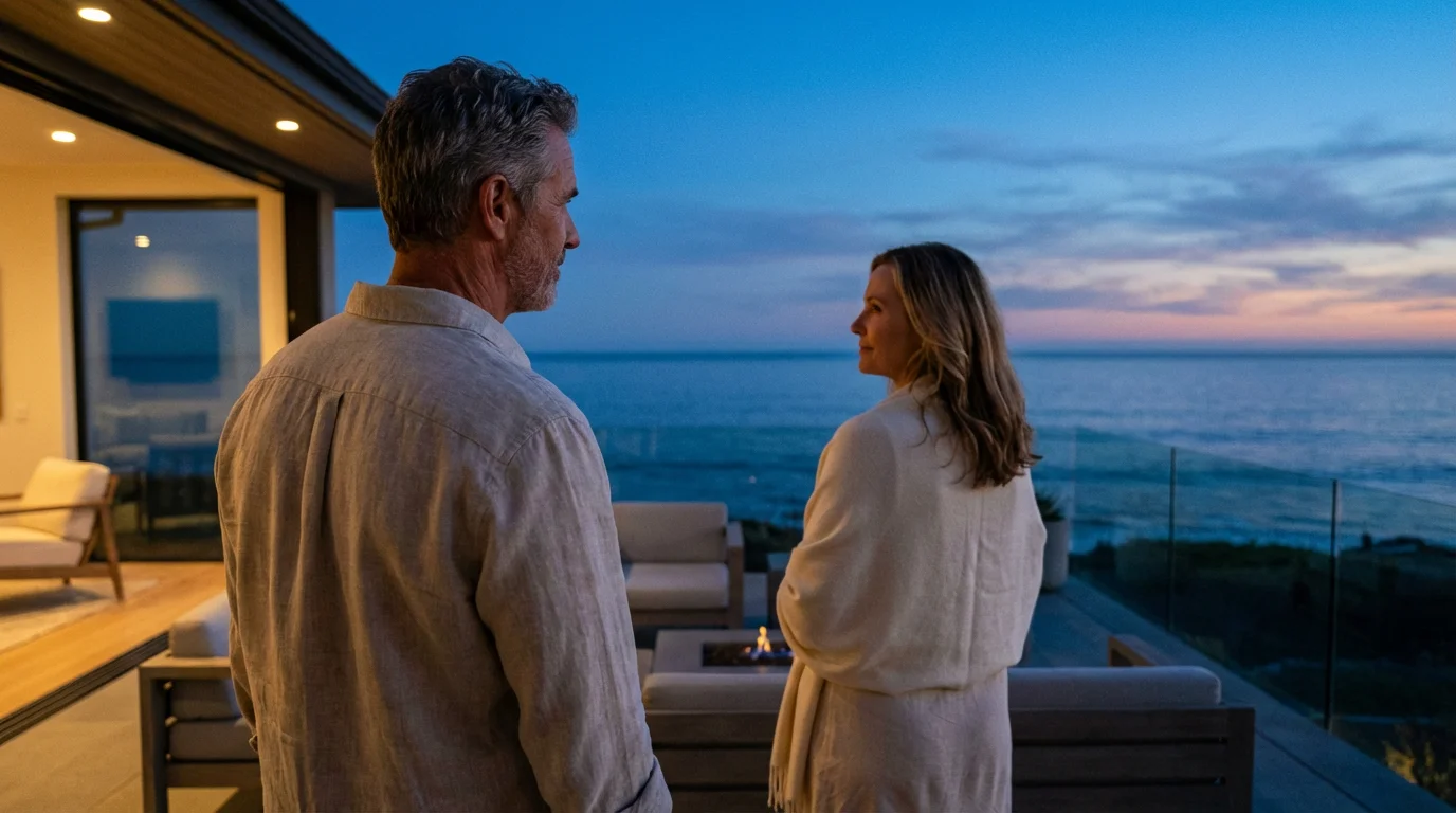 Retired couple on a modern Florida lanai overlooking the ocean during evening blue hour.