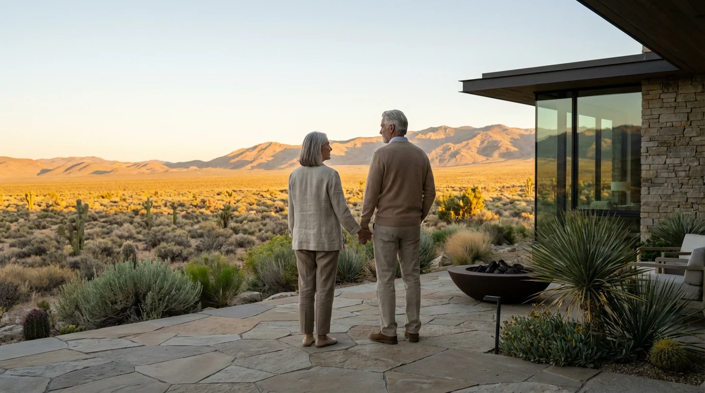Retired couple on a modern patio enjoying the serene Nevada desert morning view.