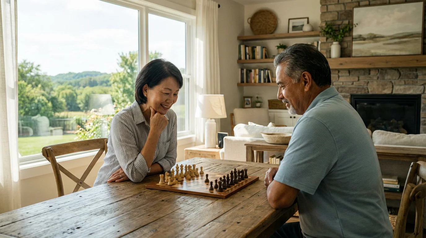 Retired couple playing chess by a sunny window in their Missouri home.