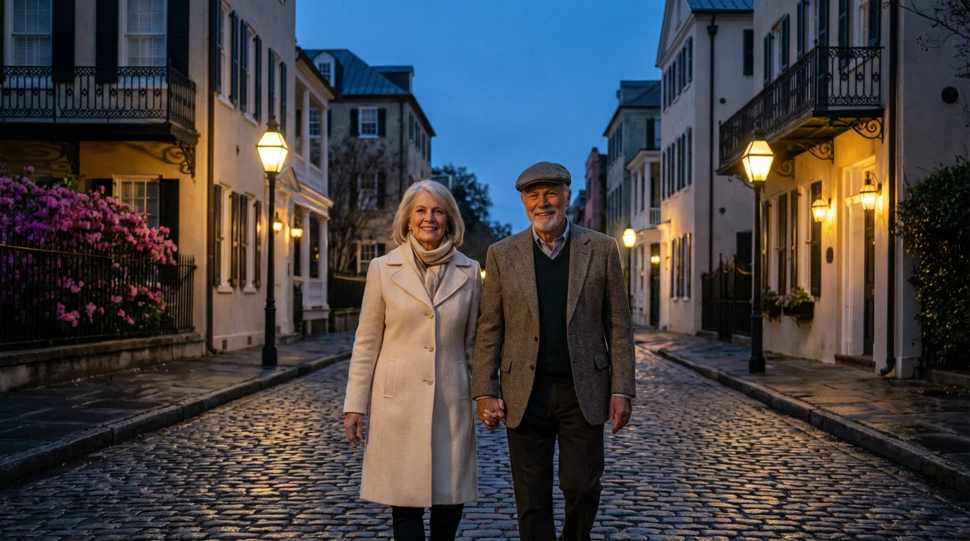 Retired couple walks down a charming, gaslit historic street in South Carolina at dusk.