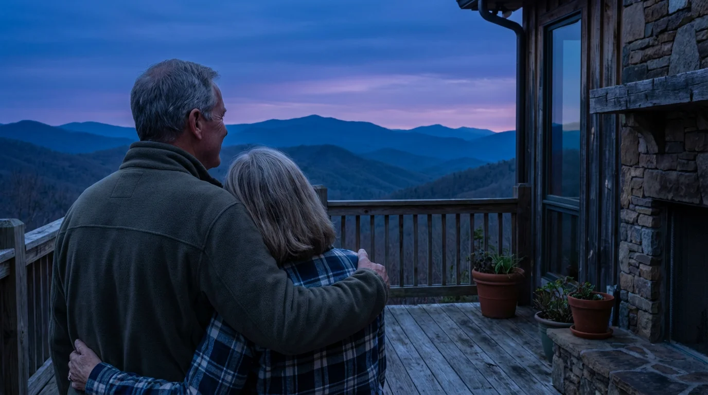 Retired couple watches the sunset over the Blue Ridge Mountains in North Carolina.