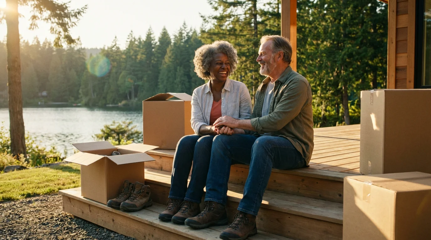 Retired couple with moving boxes relaxing on their new home's porch at sunset.
