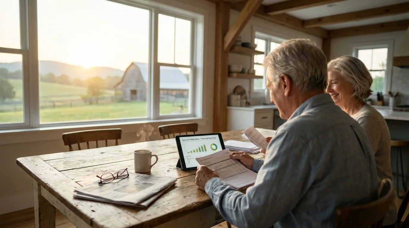 Senior couple at a table planning their retirement in a rural country home.