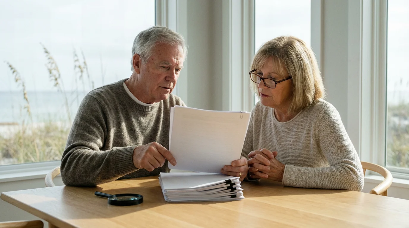 Senior couple at a table reviewing insurance policies for their coastal home.