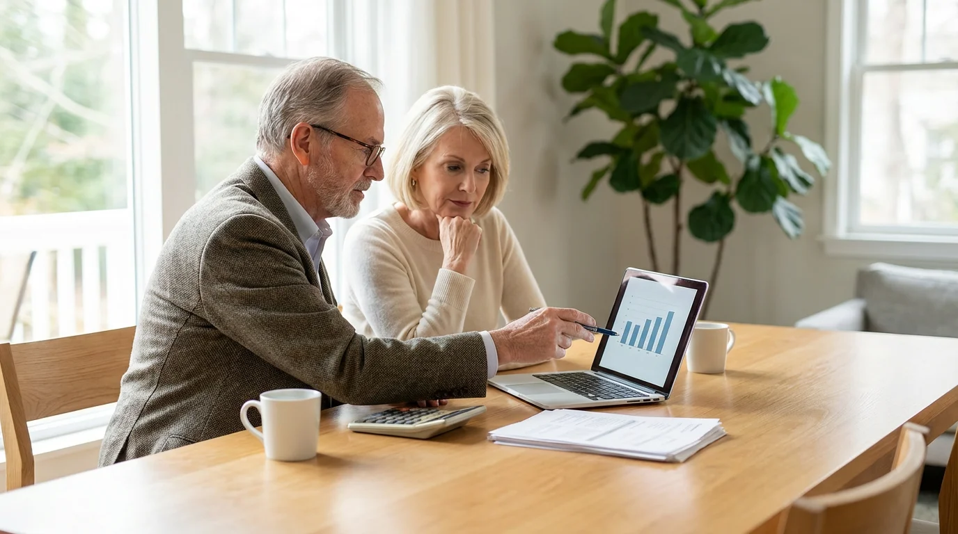 Senior couple at a table with a laptop researching finances for their retirement move.