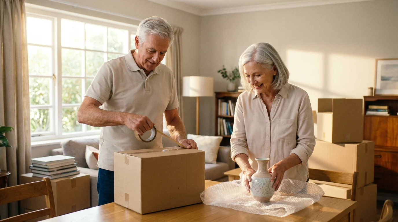 Senior couple carefully packing boxes and wrapping fragile items in their sunlit living room.