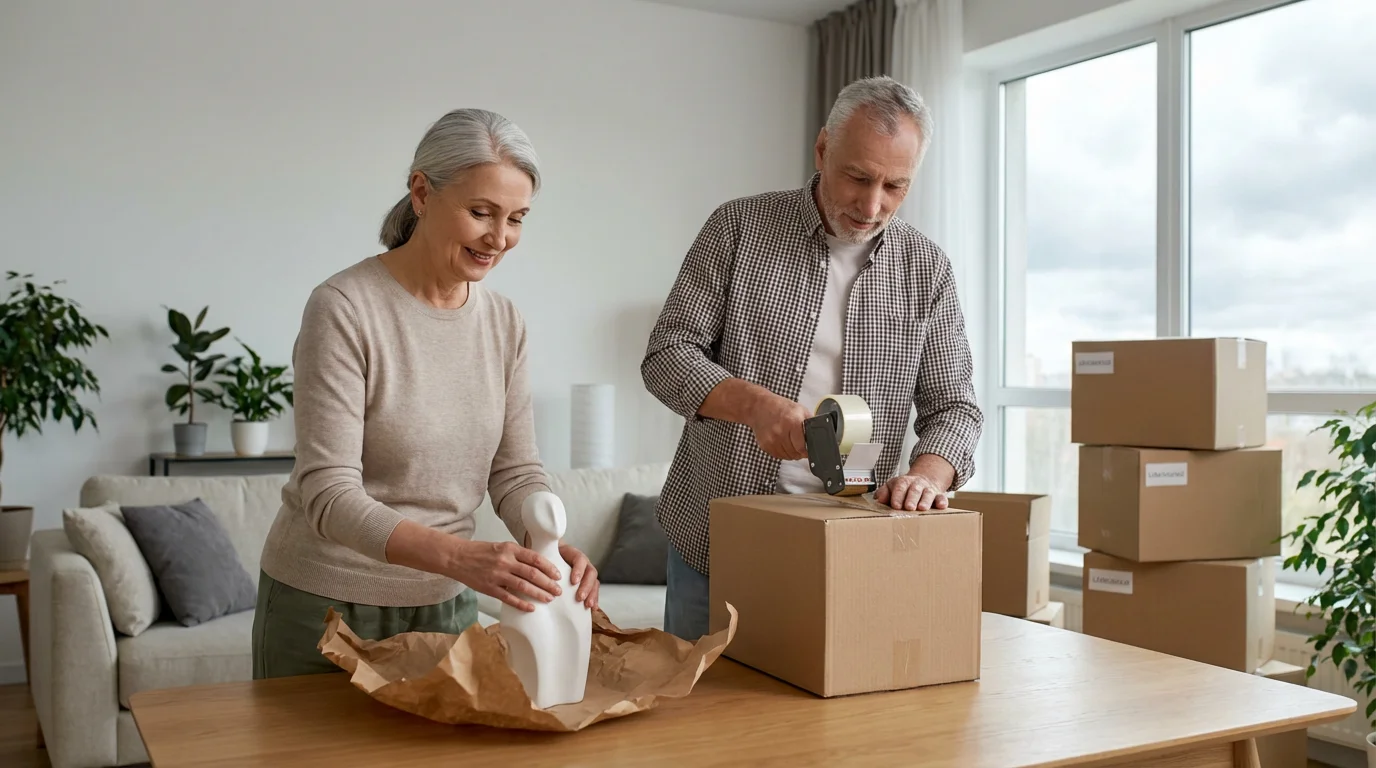Senior couple carefully packing boxes for a planned retirement move in a bright room.