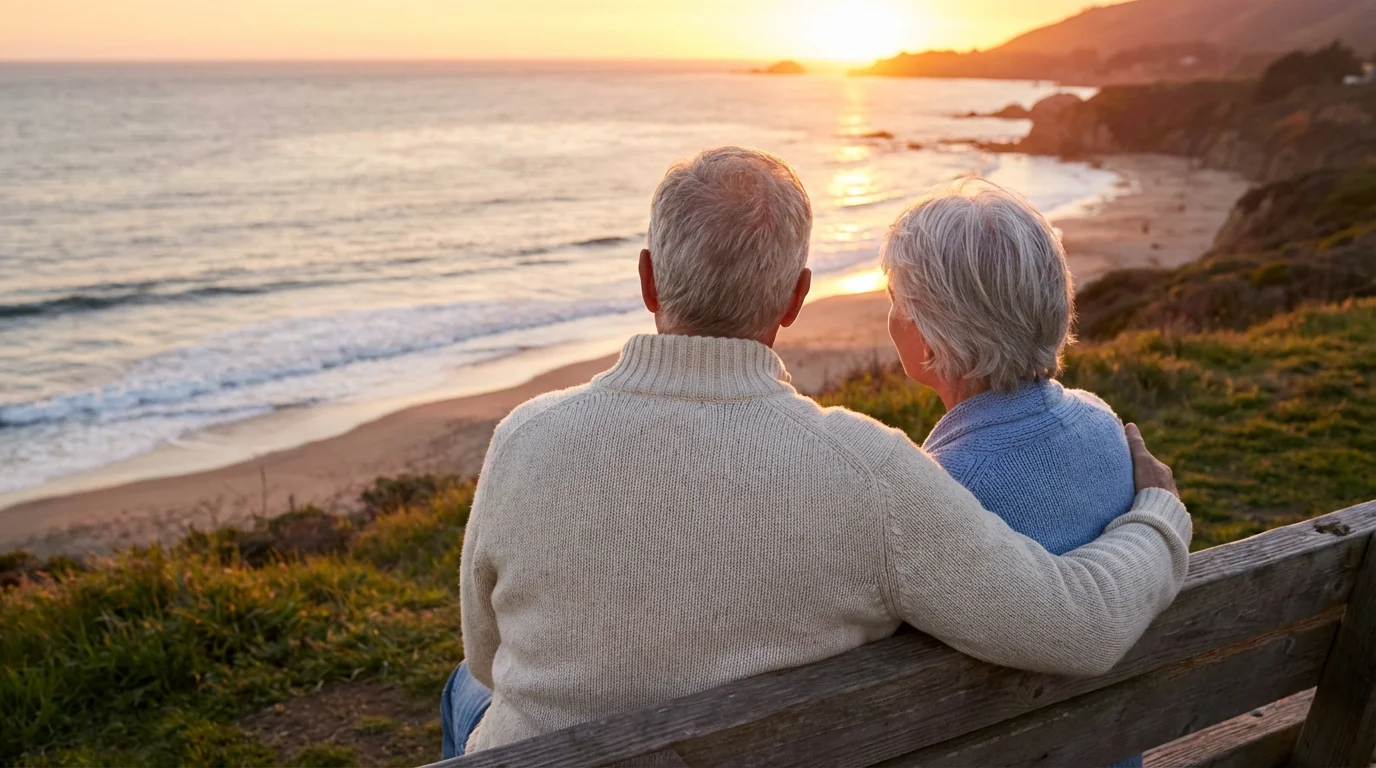 Senior couple enjoying a golden hour sunset over the ocean from a California coastal bluff.
